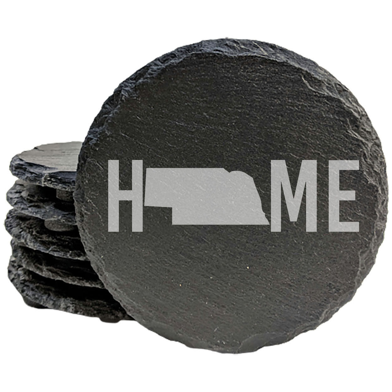 Rustic Slate Coasters Set of 4 - Laser Etched 'HOME' Design with Nebraska State - Perfect Gift for Holidays, Birthdays, Housewarming - 4" Round, Natural Chipped Edge, Made in Oregon, USA