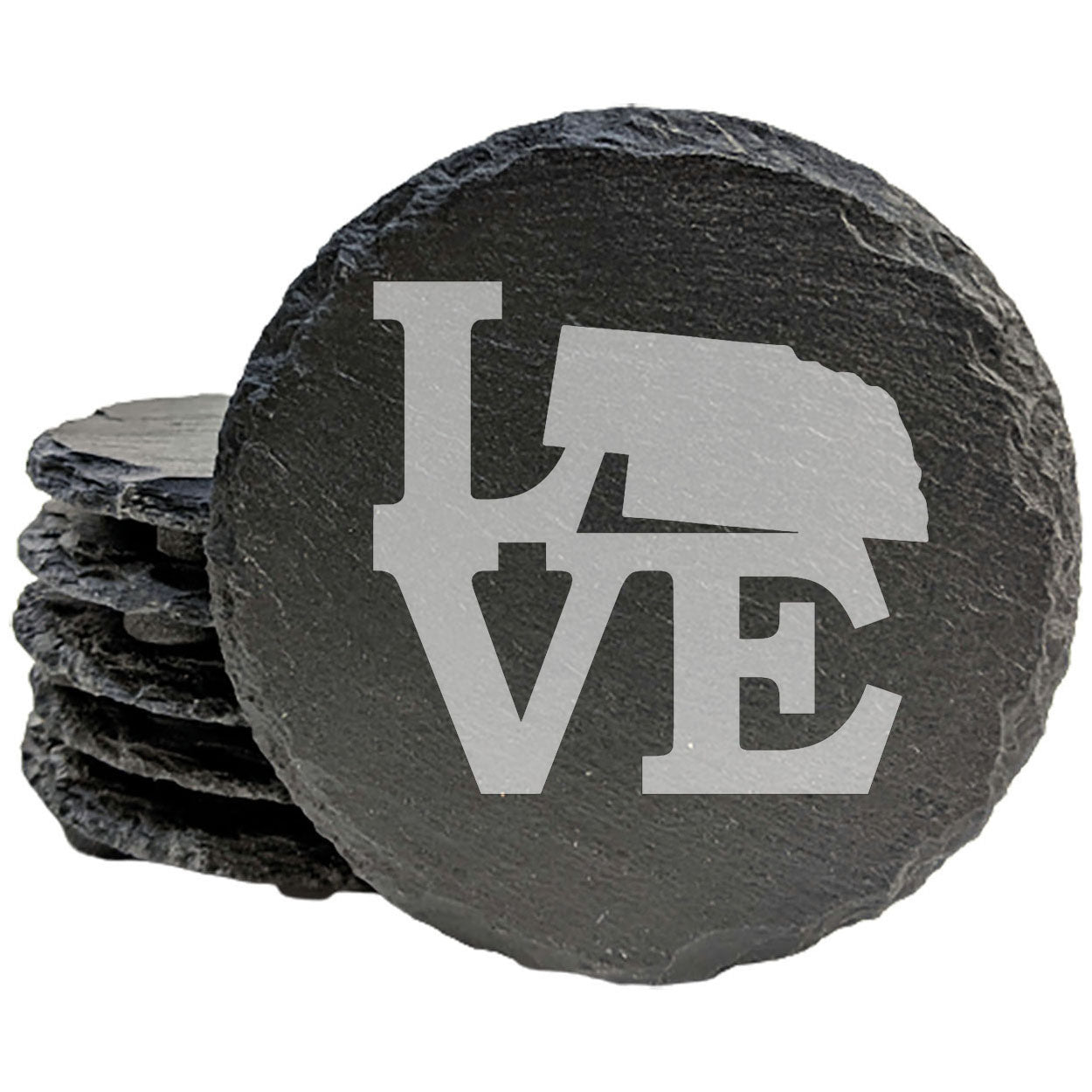 Rustic Slate Coasters Set of 4, Laser Etched 'LOVE' Design with Nebraska State, 4" Round, Natural Chipped Edge, Rubber Feet, Perfect Gift for Holidays, Birthdays, Housewarming, Made in Oregon, USA