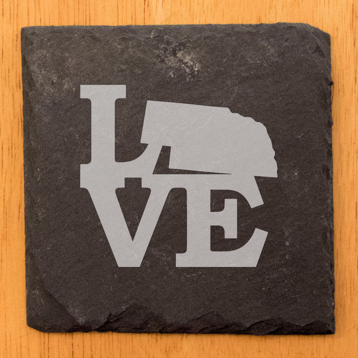 Rustic Slate Coasters Set of 4, Laser Etched 'LOVE' Design with Nebraska State, 4" Round, Natural Chipped Edge, Rubber Feet, Perfect Gift for Holidays, Birthdays, Housewarming, Made in Oregon, USA