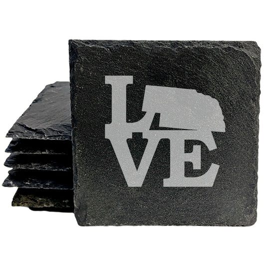 Rustic Slate Coasters Set of 4, Laser Etched 'LOVE' Design with Nebraska State, 4" Round, Natural Chipped Edge, Rubber Feet, Perfect Gift for Holidays, Birthdays, Housewarming, Made in Oregon, USA
