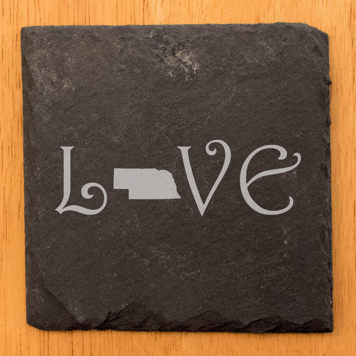 Rustic Slate Coasters Set of 4, Laser Etched 'LOVE' Design with Nebraska State, 4" Square, Natural Chipped Edge, Rubber Feet, Perfect Gift for Holidays, Birthdays, Housewarming, Made in USA