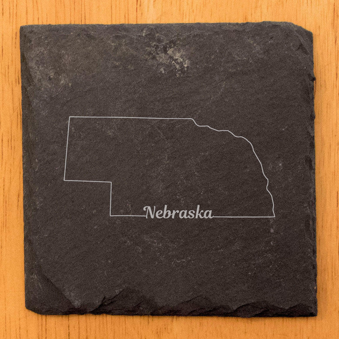 Rustic Slate Coasters Set of 4, Laser Etched Nebraska Design, 4" Round, Natural Chipped Edge, Rubber Feet, Perfect Gift for Holidays, Birthdays, Housewarming, Made in Oregon, USA, Small Business
