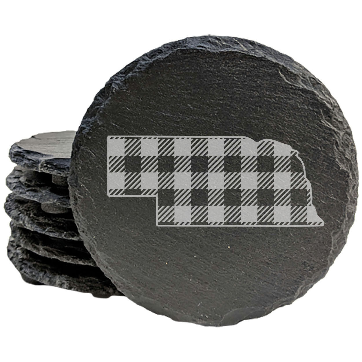Rustic Slate Coasters Set of 4, Round 4" with Nebraska Plaid Design, Laser Etched, Perfect for Holidays, Birthdays, Housewarming Gifts, She-Shed or Man Cave, Made in Oregon, USA, Natural Edge