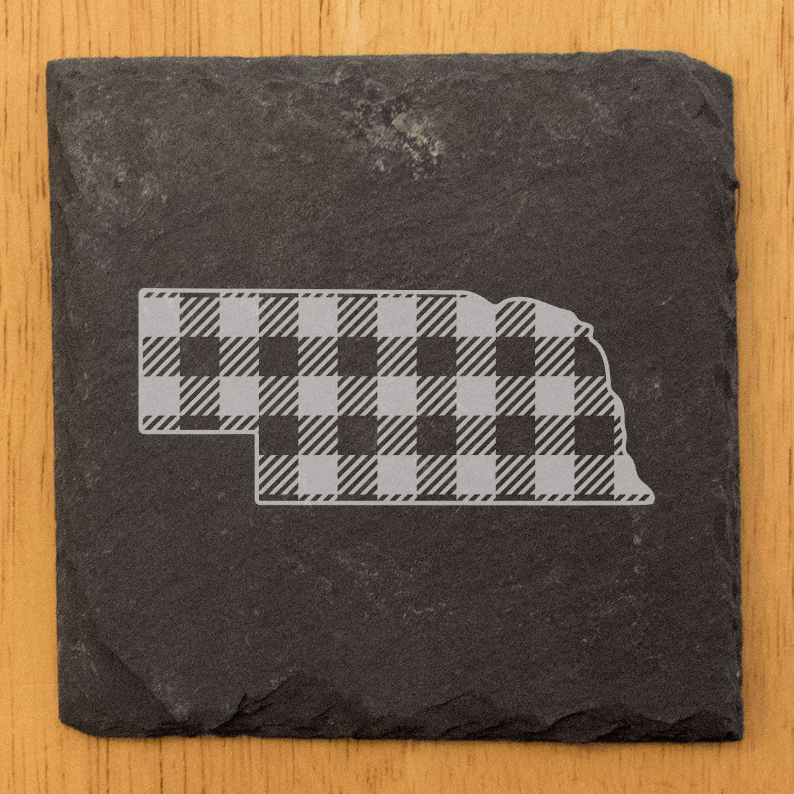 Rustic Slate Coasters Set of 4, Round 4" with Nebraska Plaid Design, Laser Etched, Perfect for Holidays, Birthdays, Housewarming Gifts, She-Shed or Man Cave, Made in Oregon, USA, Natural Edge
