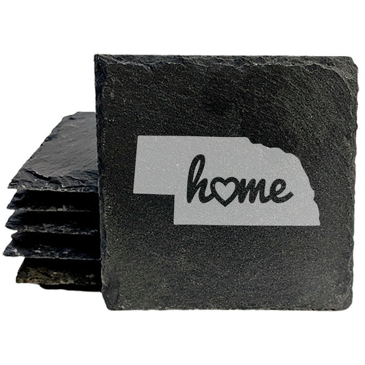 Rustic Slate Coasters Set of 4, Round 4" with Nebraska 'Home' Heart Design, Perfect for Holidays, Birthdays, Housewarming Gifts, She-Shed or Man Cave, Made in Oregon, USA, Natural Chipped Edge