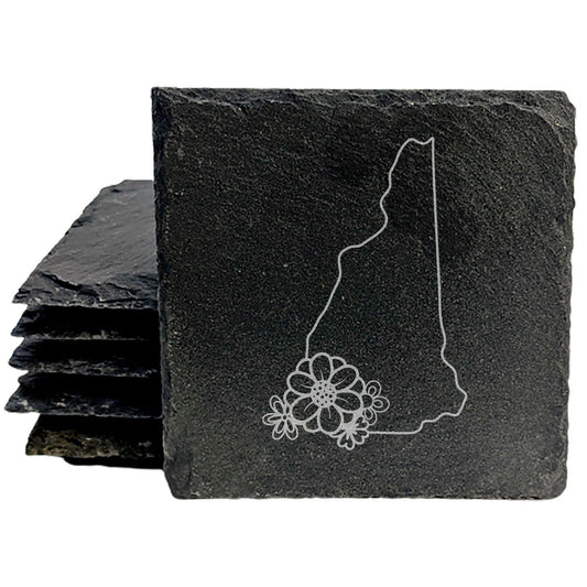 Rustic Slate Coasters Set of 4 - Laser Etched New Hampshire Design w/ Flower - Perfect Gift for Holidays, Birthdays, Housewarming - 4" Round/Square - Made in Oregon, USA - Natural Chipped Edge