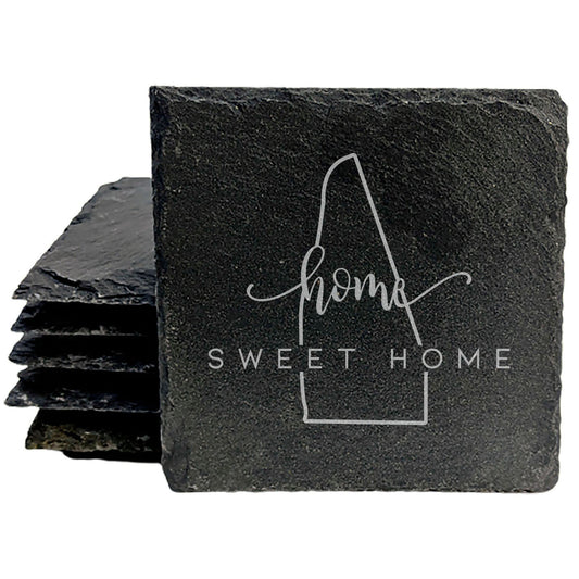 Rustic Slate Coasters Set of 4, Round 4" with 'Home Sweet Home' New Hampshire Design, Perfect Gift for Holidays, Birthdays, Housewarming, She-Shed, Man Cave, Made in Oregon, USA, Natural Edge