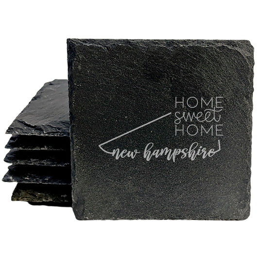 Rustic Slate Coasters Set of 6, Square 4" with New Hampshire 'Home Sweet Home' Design, Perfect for Holidays, Birthdays, Housewarming Gifts, Made in Oregon, USA, Natural Chipped Edge, Rubber Feet