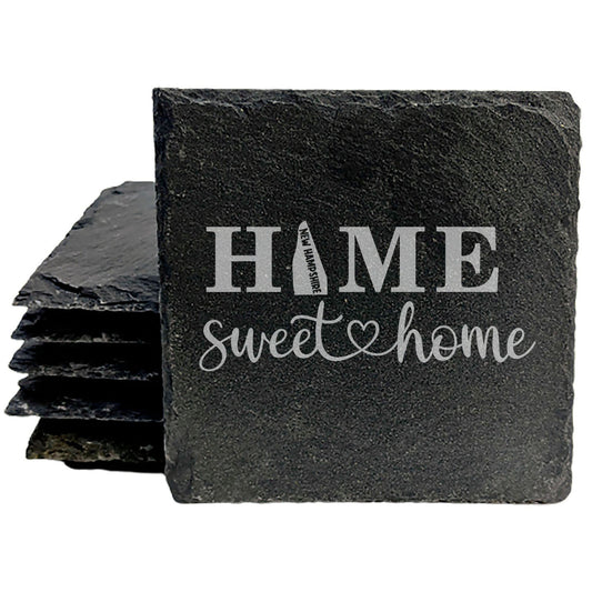 Rustic Slate Coasters Set of 4, Laser Etched 'HOME SWEET HOME' Design, Perfect Gift for Holidays, Birthdays, Housewarming, She-Shed, Man Cave, Made in Oregon, USA, 4" Round, Natural Chipped Edge