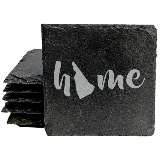 Rustic Slate Coasters Set of 4 - Laser Etched 'Home' Design with New Hampshire State - Perfect Gift for Holidays, Birthdays, Housewarming - 4" Round/Square - Made in Oregon, USA - Natural Edge