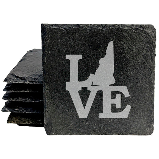 Rustic Slate Coasters Set of 4, Laser Etched 'LOVE' Design, New Hampshire State Shape, 4" Round, Natural Chipped Edge, Rubber Feet, , Perfect for She-Shed or Man Cave, Made in USA