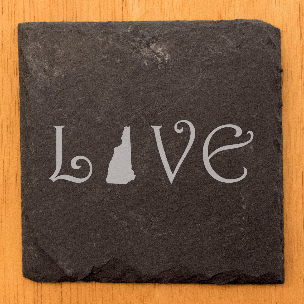 Rustic Slate Coasters Set of 4, Square, Laser Etched 'LOVE' Design with New Hampshire State, Perfect Gift for Holidays, Birthdays, Housewarming, Made in Oregon, USA, Natural Chipped Edge, 4"