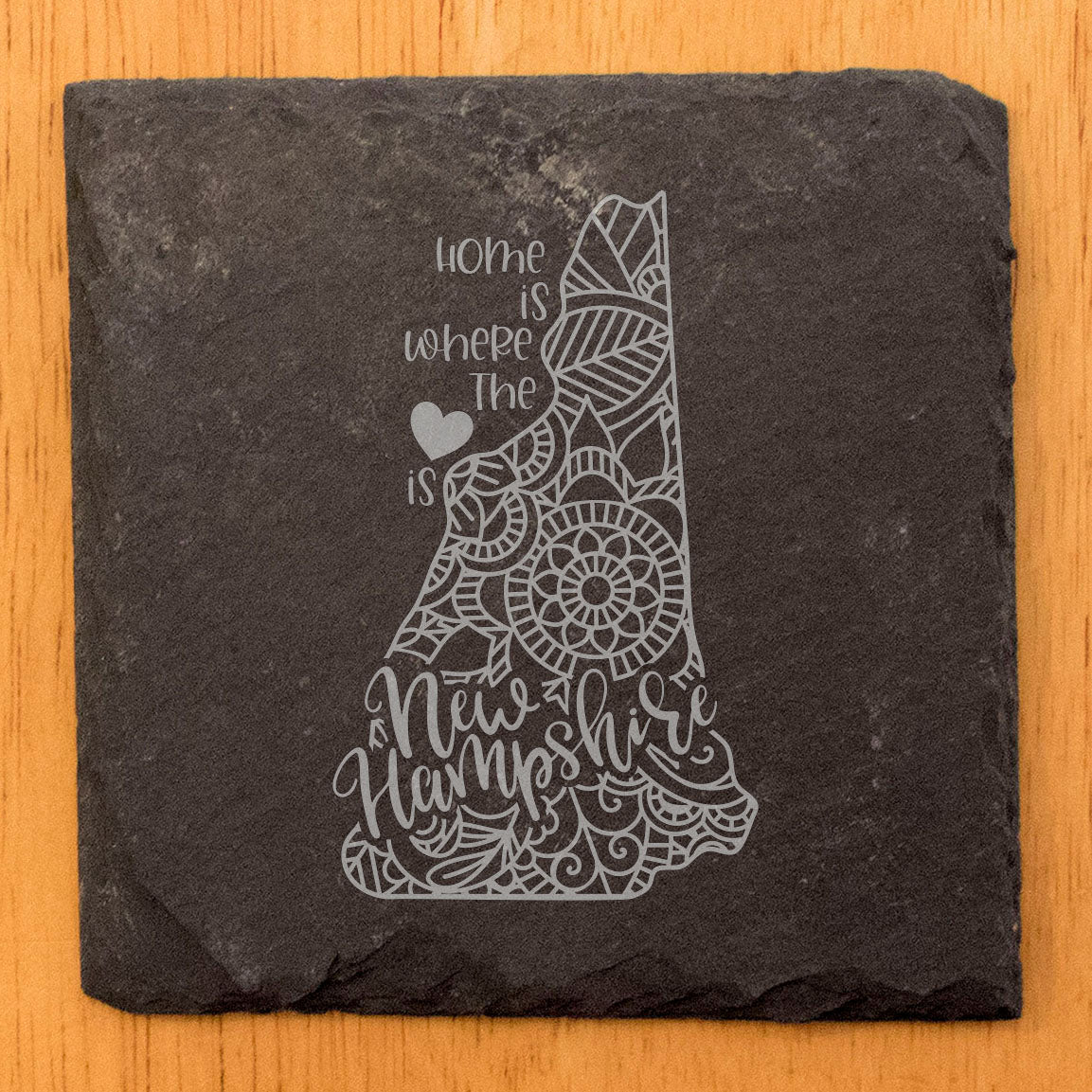 Rustic Slate Coasters Set of 4, Round 4" with New Hampshire Mandala Design, 'Home is where the heart is' - Perfect Gift for Holidays, Birthdays, Housewarming - Made in Oregon, USA by Small Business