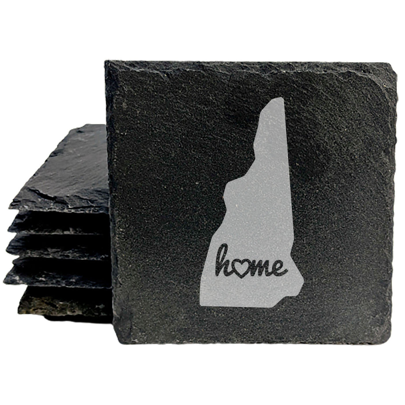 Rustic Slate Coasters Set of 4 - New Hampshire 'Home' Design, Heart Detail, 4" Round, Natural Chipped Edge, Rubber Feet, , Perfect for Holidays, Birthdays, Housewarming, USA Made