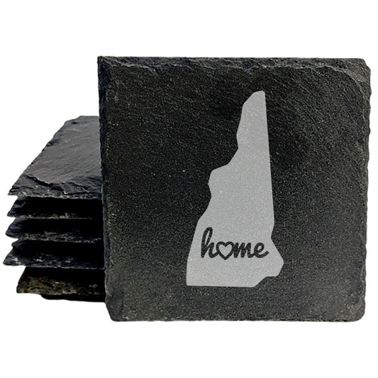 Rustic Slate Coasters Set of 4 - New Hampshire 'Home' Design, Heart Detail, 4" Round, Natural Chipped Edge, Rubber Feet, , Perfect for Holidays, Birthdays, Housewarming, USA Made