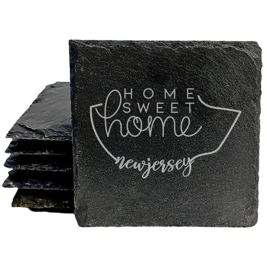 Rustic Slate Coasters Set of 4, Round 4" with New Jersey 'Home Sweet Home' Design, Laser Etched, Perfect for Holidays, Birthdays, Housewarming Gifts, Made in Oregon, USA, Natural Chipped Edge
