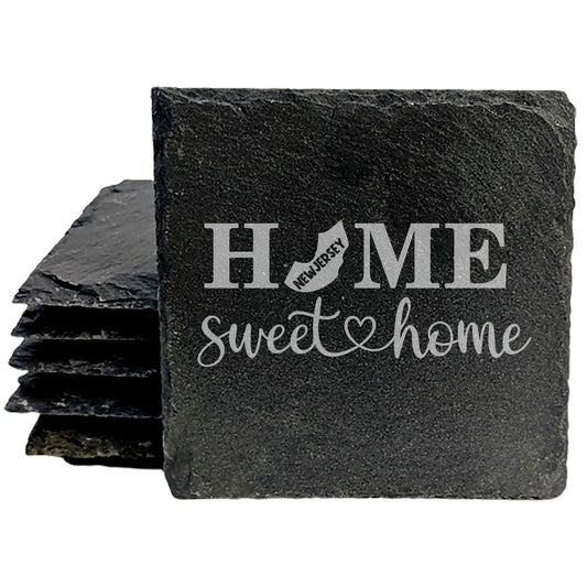 Rustic Slate Coasters Set of 4, Round 4" with 'HOME SWEET HOME' NJ Design, Perfect Gift for Holidays, Birthdays, Housewarming, She-Shed, Man Cave, Made in Oregon, USA, Natural Chipped Edge