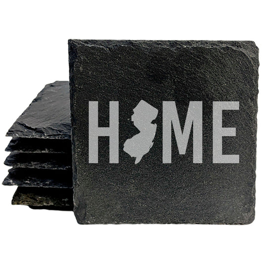 Rustic Slate Coasters Set of 4 - 4" Round, Laser Etched 'HOME' Design with NJ State, Natural Chipped Edge, Rubber Feet,  - Perfect for Holidays, Birthdays, Housewarming - Made in USA