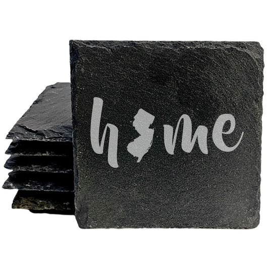Rustic Slate Coasters Set of 4 - Laser Etched 'Home' Design with NJ State - Perfect Gift for Holidays, Birthdays, Housewarming - 4" Round/Square - Made in Oregon, USA - Natural Chipped Edge