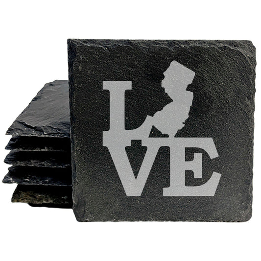 Rustic Slate Coasters Set of 4, Round 4" with 'LOVE' New Jersey Design, Laser Etched, Perfect for Holidays, Birthdays, Housewarming Gifts, Made in Oregon, USA, Natural Chipped Edge, Rubber Feet