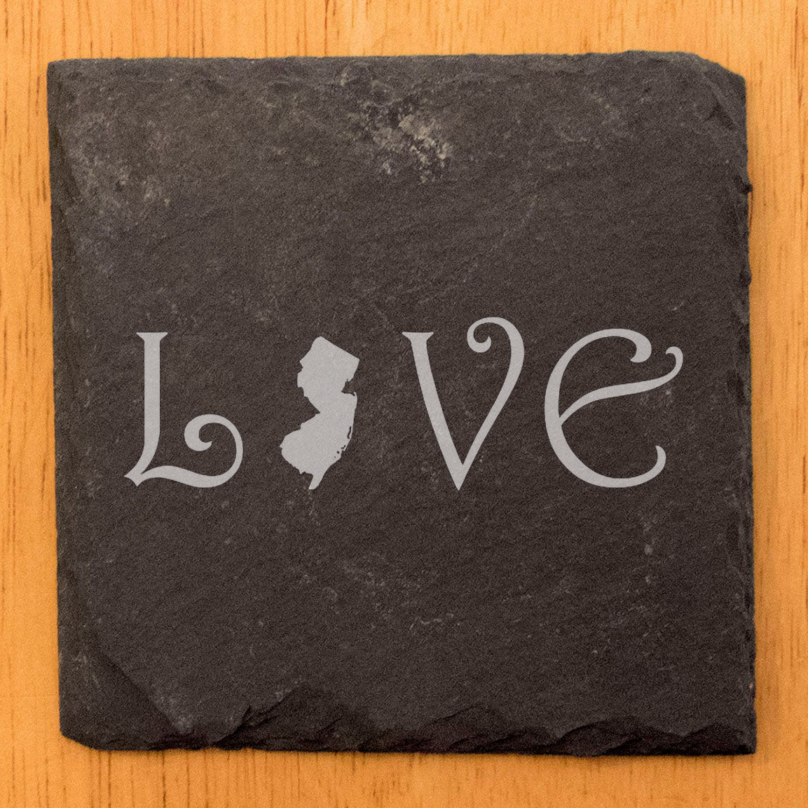 Rustic Slate Coasters Set of 4, Square 4" with 'LOVE' New Jersey Design, Perfect for Holidays, Birthdays, Housewarming Gifts, She-Shed or Man Cave, Made in Oregon, USA, Natural Chipped Edge