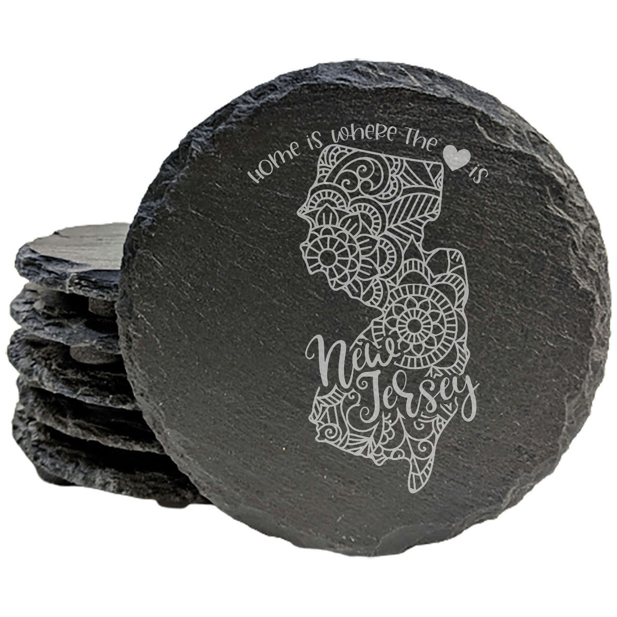 Rustic Slate Coasters Set of 4, Round 4" with New Jersey Mandala Design, 'Home is where the heart is' Quote, Perfect Gift for Holidays, Birthdays, Housewarming, Made in Oregon, USA
