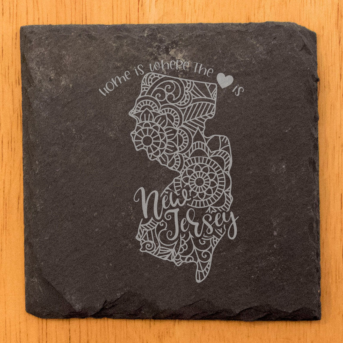 Rustic Slate Coasters Set of 4, Round 4" with New Jersey Mandala Design, 'Home is where the heart is' Quote, Perfect Gift for Holidays, Birthdays, Housewarming, Made in Oregon, USA