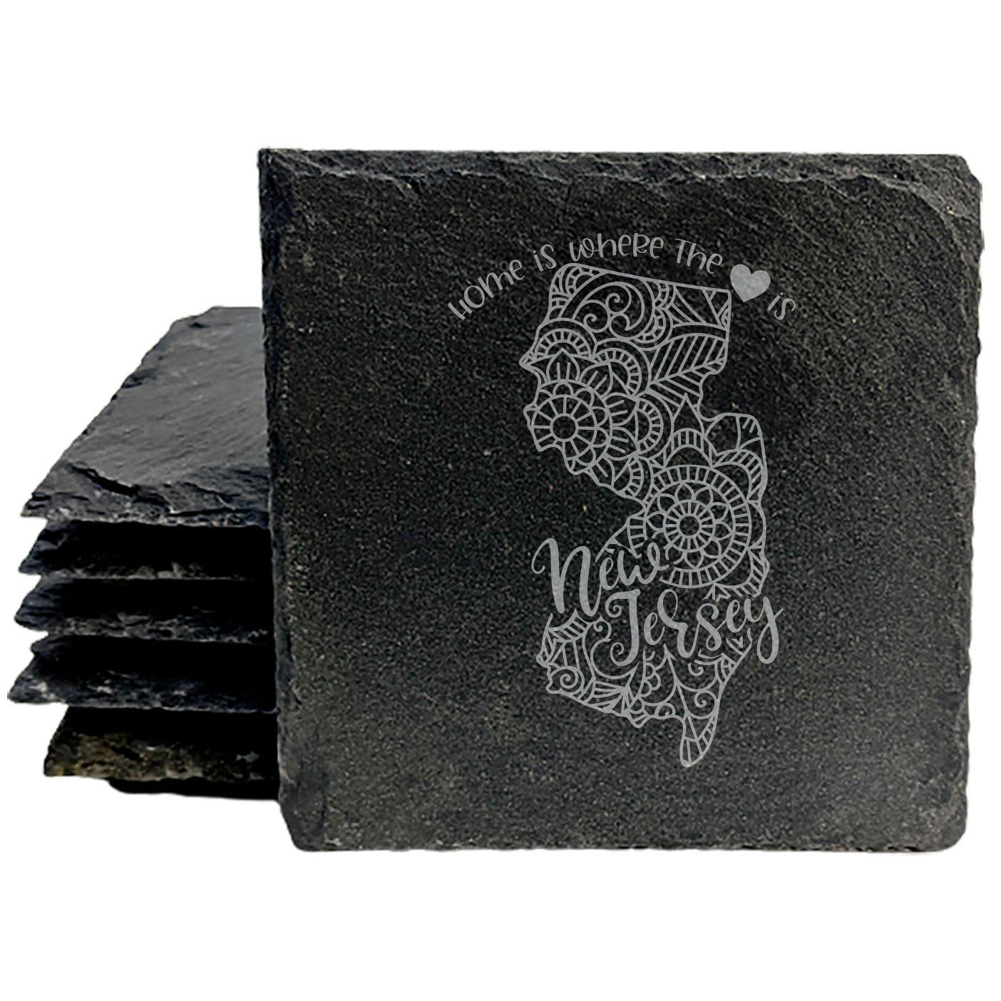 Rustic Slate Coasters Set of 4, Round 4" with New Jersey Mandala Design, 'Home is where the heart is' Quote, Perfect Gift for Holidays, Birthdays, Housewarming, Made in Oregon, USA