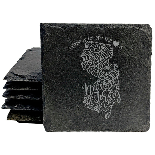 Rustic Slate Coasters Set of 4, Round 4" with New Jersey Mandala Design, 'Home is where the heart is' Quote, Perfect Gift for Holidays, Birthdays, Housewarming, Made in Oregon, USA