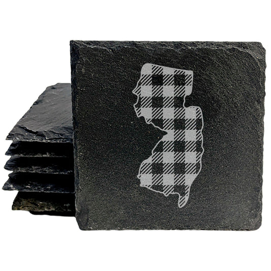 Rustic Slate Coasters Set of 4, Round 4" with New Jersey Plaid Design, Laser Etched, Natural Chipped Edge, Rubber Feet, , Perfect for Holidays, Birthdays, Housewarming, Made in USA