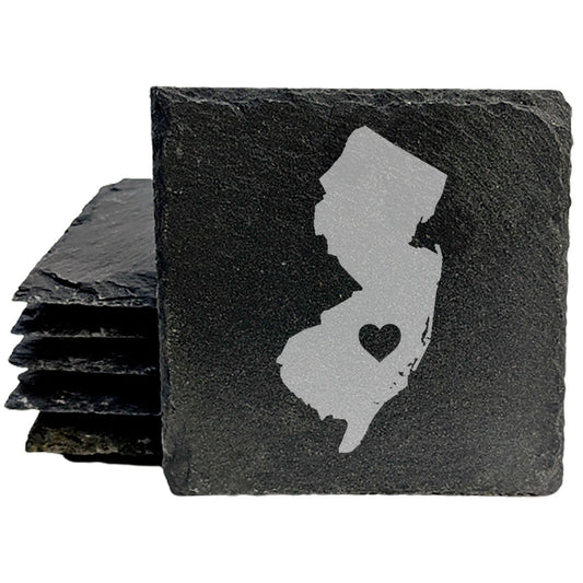 Rustic Slate Coasters Set of 4, Round 4" with New Jersey Heart Design, Laser Etched, Perfect for Holidays, Birthdays, Housewarming Gifts, Made in Oregon, USA, Natural Chipped Edge, Rubber Feet