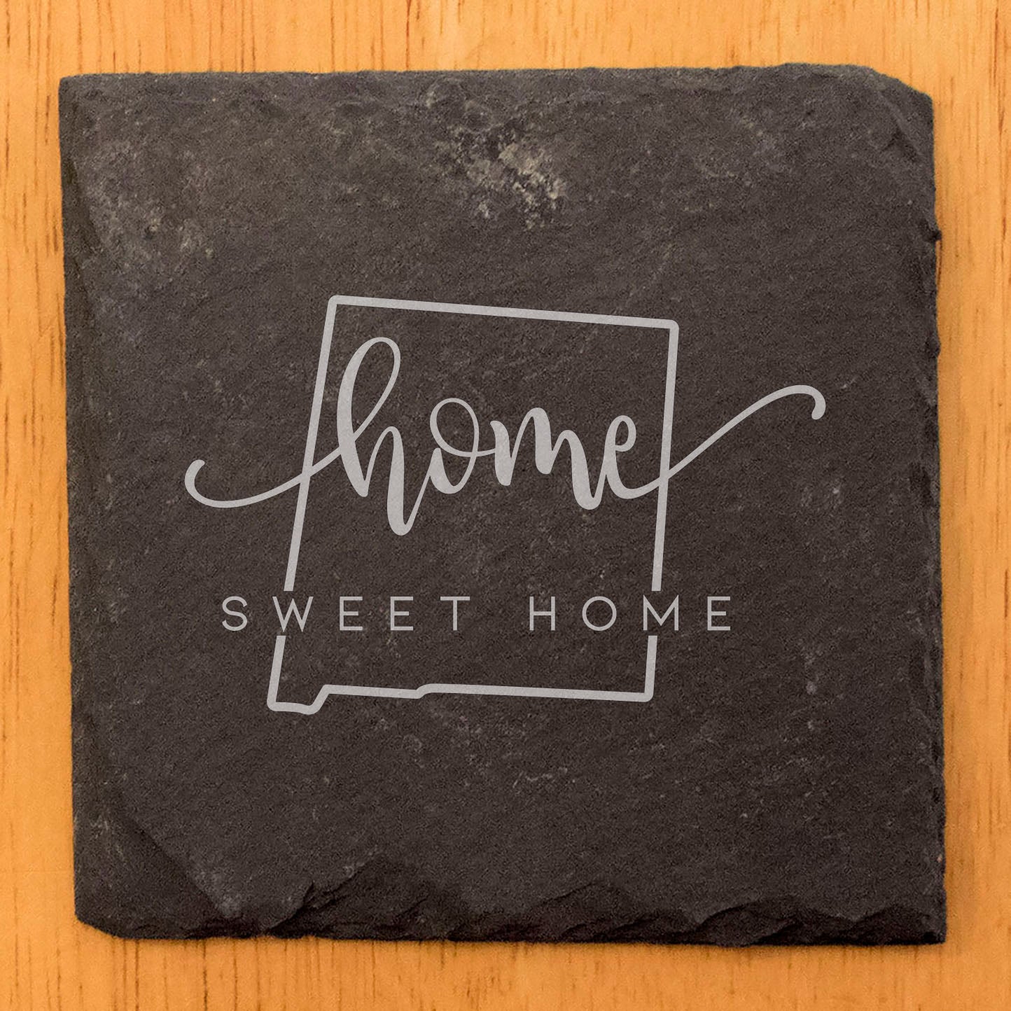 Rustic Slate Coasters Set of 4, Round 4" with 'Home Sweet Home' New Mexico Design, Perfect Gift for Holidays, Birthdays, Housewarming, She-Shed, Man Cave, Made in Oregon, USA, Natural Edge