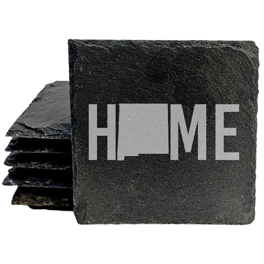 Rustic Slate Coasters Set of 4, Laser Etched 'HOME' Design with New Mexico State, 4" Round, Natural Chipped Edge, Rubber Feet, , Perfect for She-Shed or Man Cave, Made in Oregon, USA