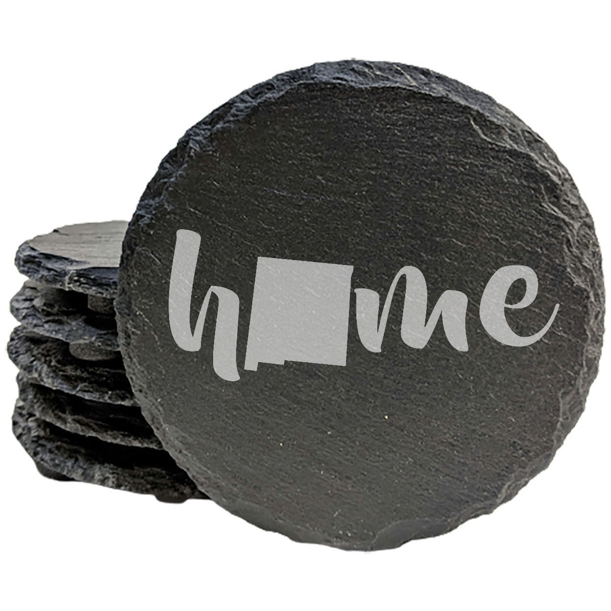 Rustic Slate Coasters Set of 4 - Laser Etched 'Home' Design with New Mexico State - Perfect Gift for Holidays, Birthdays, Housewarming - 4" Round/Square - Made in Oregon, USA - Natural Edge