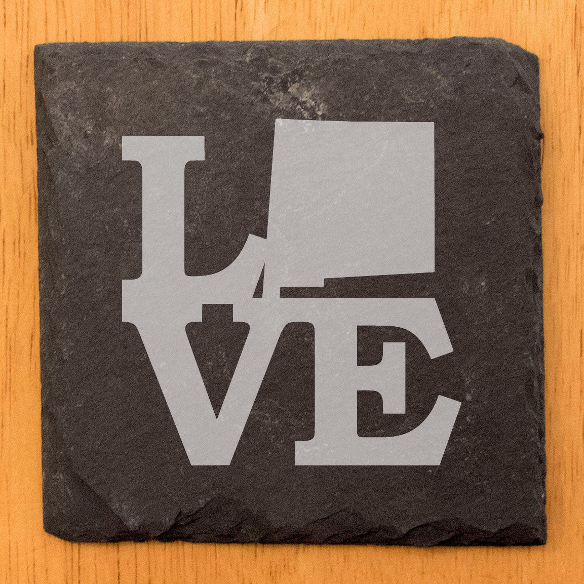 Rustic Slate Coasters Set of 4, Laser Etched 'LOVE' Design with New Mexico State, 4" Round, Natural Chipped Edge, Rubber Feet, Perfect Gift for Holidays, Birthdays, Housewarming, Made in USA
