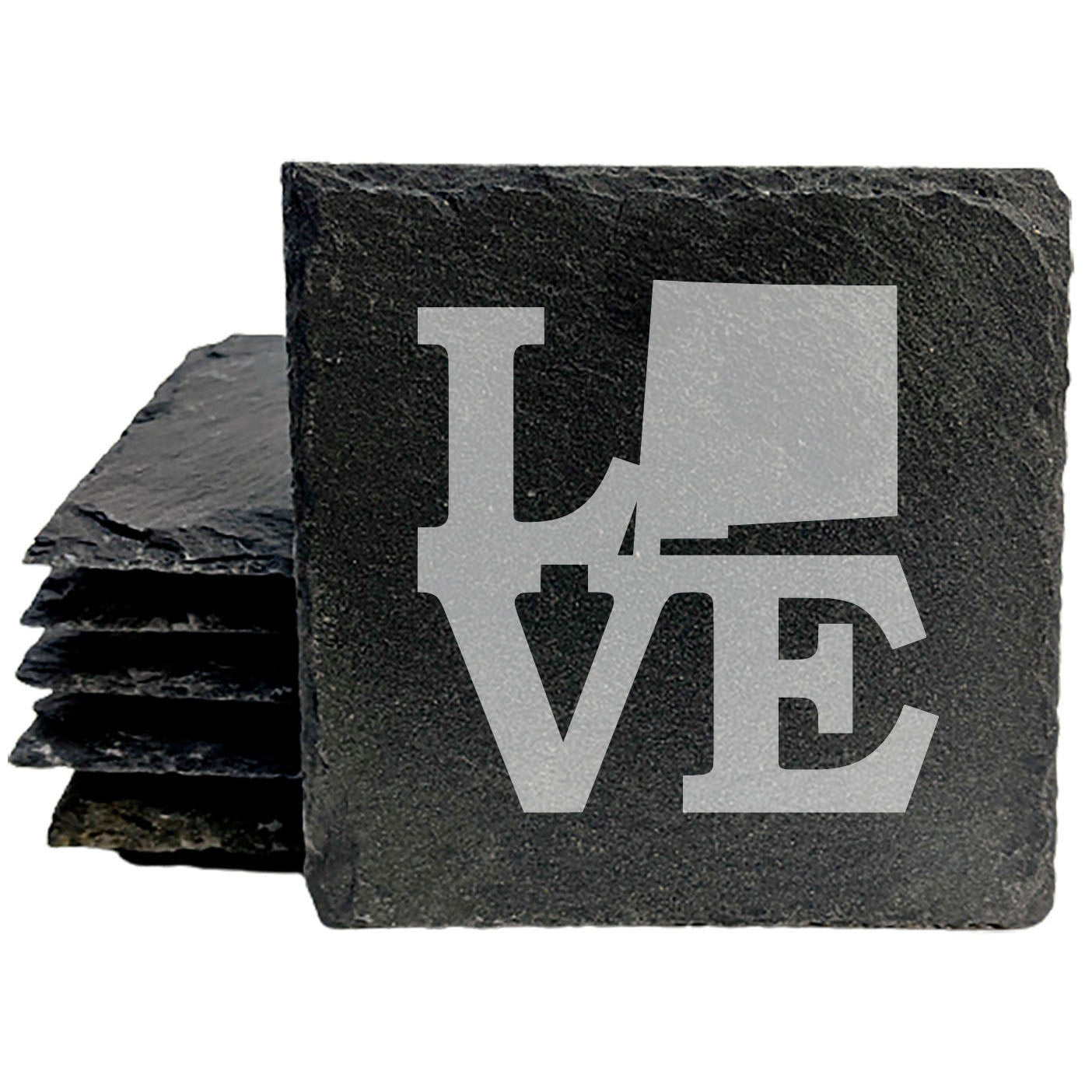 Rustic Slate Coasters Set of 4, Laser Etched 'LOVE' Design with New Mexico State, 4" Round, Natural Chipped Edge, Rubber Feet, Perfect Gift for Holidays, Birthdays, Housewarming, Made in USA