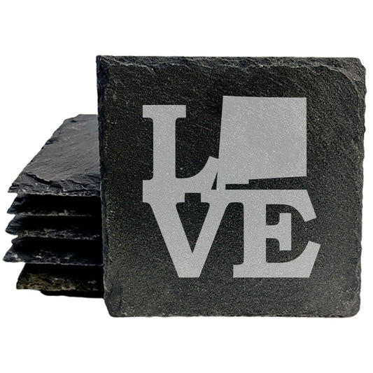 Rustic Slate Coasters Set of 4, Laser Etched 'LOVE' Design with New Mexico State, 4" Round, Natural Chipped Edge, Rubber Feet, Perfect Gift for Holidays, Birthdays, Housewarming, Made in USA