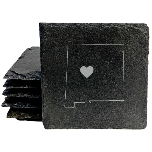 Rustic Slate Coasters Set of 4, Round 4" with New Mexico Heart Design, Perfect for Holidays, Birthdays, Housewarming Gifts, She-Shed or Man Cave, Made in Oregon, USA, Natural Chipped Edge