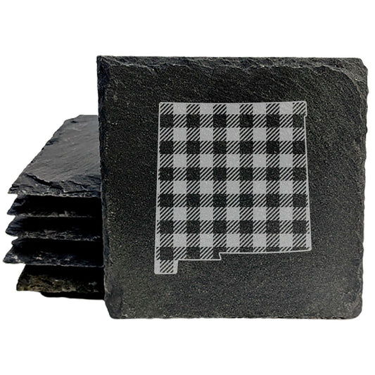 Rustic Slate Coasters Set of 4, Round 4" with New Mexico Plaid Design, Laser Etched, Perfect for Holidays, Birthdays, Housewarming Gifts, She-Shed, Man Cave, Made in Oregon, USA, Natural Edge