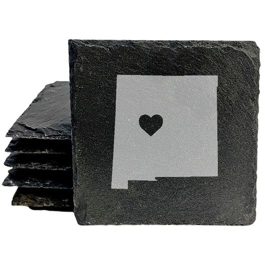 Rustic Slate Coasters Set of 4, Round 4" with New Mexico Heart Design, Perfect for Holidays, Birthdays, Housewarming Gifts, She-Shed or Man Cave, Made in Oregon, USA, Natural Chipped Edge