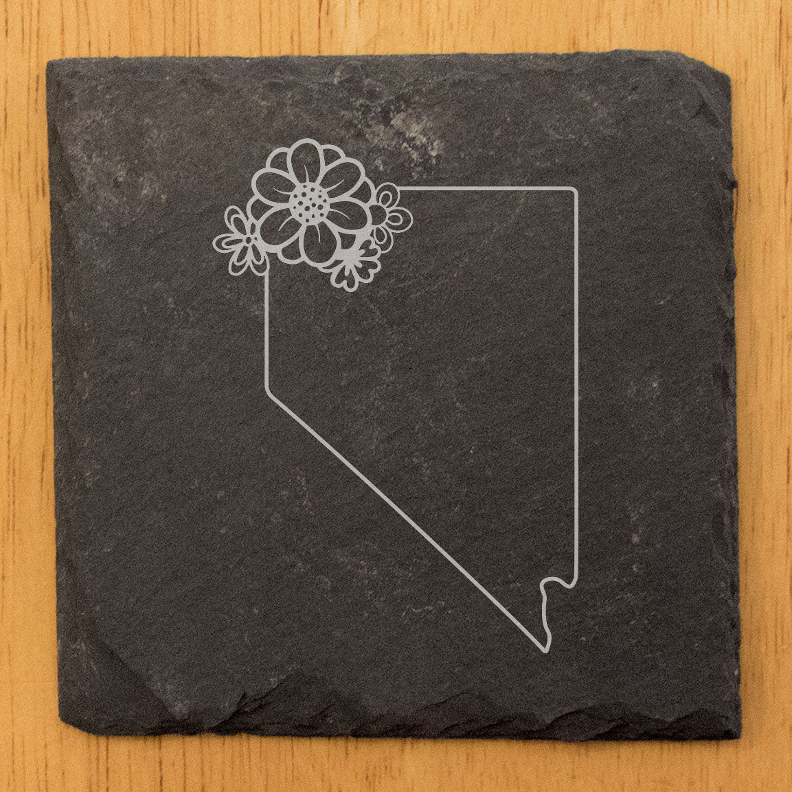 Rustic Slate Coasters Set of 4 - Laser Etched Nevada Design, 4" Round or Square, Natural Chipped Edge, Rubber Feet,  - Perfect for Holidays, Birthdays, Housewarming - Made in USA