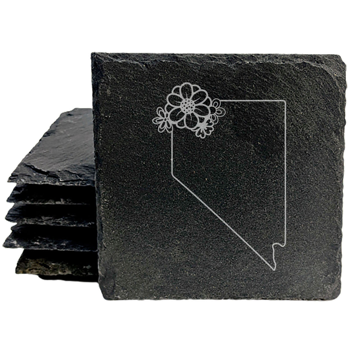 Rustic Slate Coasters Set of 4 - Laser Etched Nevada Design, 4" Round or Square, Natural Chipped Edge, Rubber Feet,  - Perfect for Holidays, Birthdays, Housewarming - Made in USA