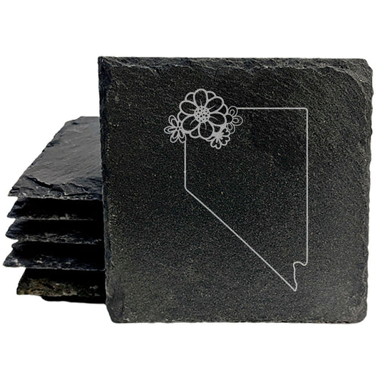Rustic Slate Coasters Set of 4 - Laser Etched Nevada Design, 4" Round or Square, Natural Chipped Edge, Rubber Feet,  - Perfect for Holidays, Birthdays, Housewarming - Made in USA