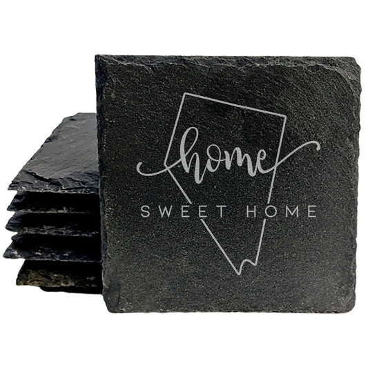 Rustic Slate Coasters Set of 4 - Round 4" with 'Home Sweet Home' Nevada Design - Perfect Gift for Holidays, Birthdays, Housewarming - Made in Oregon, USA - Natural Chipped Edge, Rubber Feet