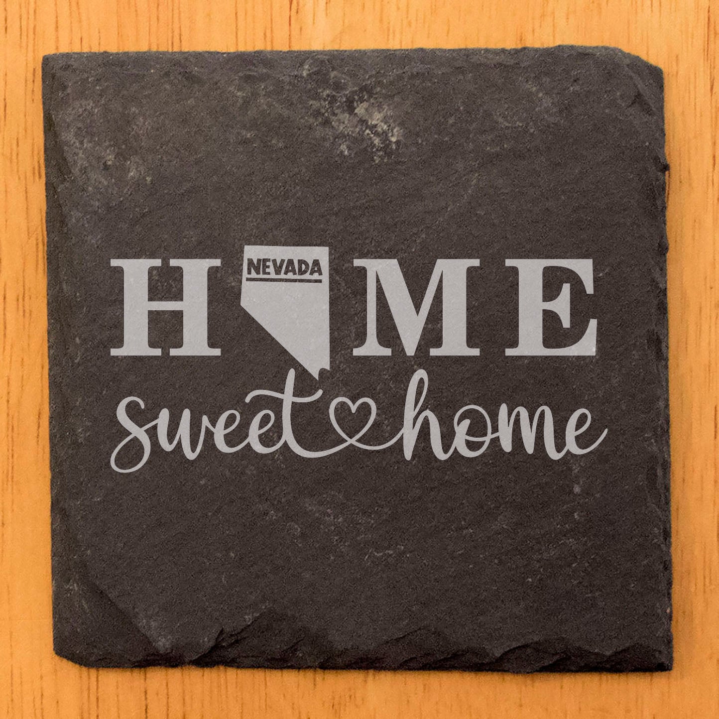 Rustic Slate Coasters Set of 4, 4" Round, Laser Etched 'HOME SWEET HOME' Design, Nevada State Shape, Perfect Gift for Holidays, Birthdays, Housewarming, Made in Oregon, USA, Natural Chipped Edge