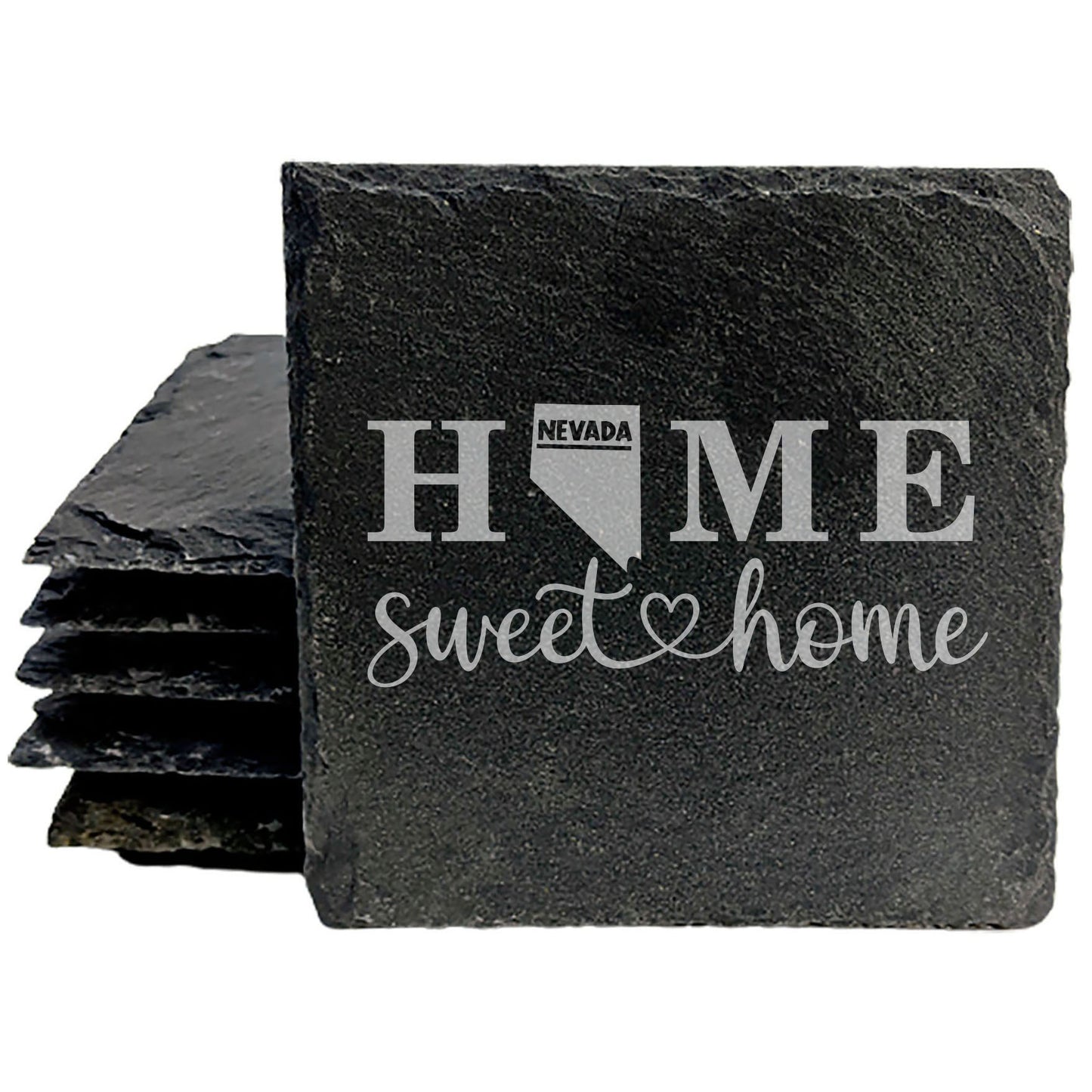 Rustic Slate Coasters Set of 4, 4" Round, Laser Etched 'HOME SWEET HOME' Design, Nevada State Shape, Perfect Gift for Holidays, Birthdays, Housewarming, Made in Oregon, USA, Natural Chipped Edge