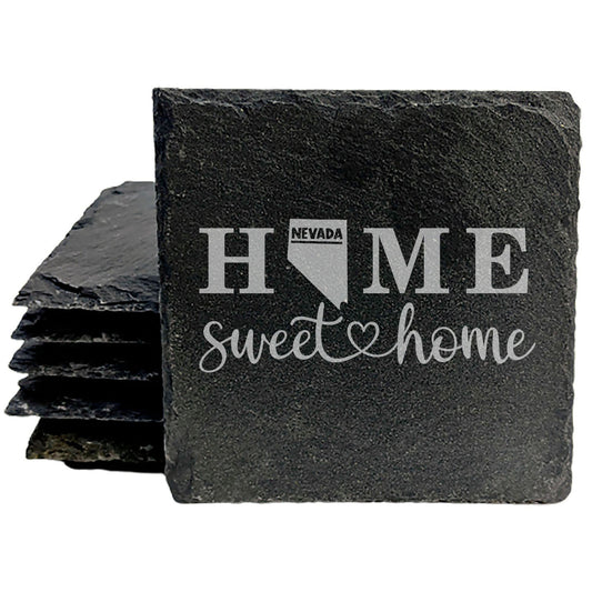 Rustic Slate Coasters Set of 4, 4" Round, Laser Etched 'HOME SWEET HOME' Design, Nevada State Shape, Perfect Gift for Holidays, Birthdays, Housewarming, Made in Oregon, USA, Natural Chipped Edge