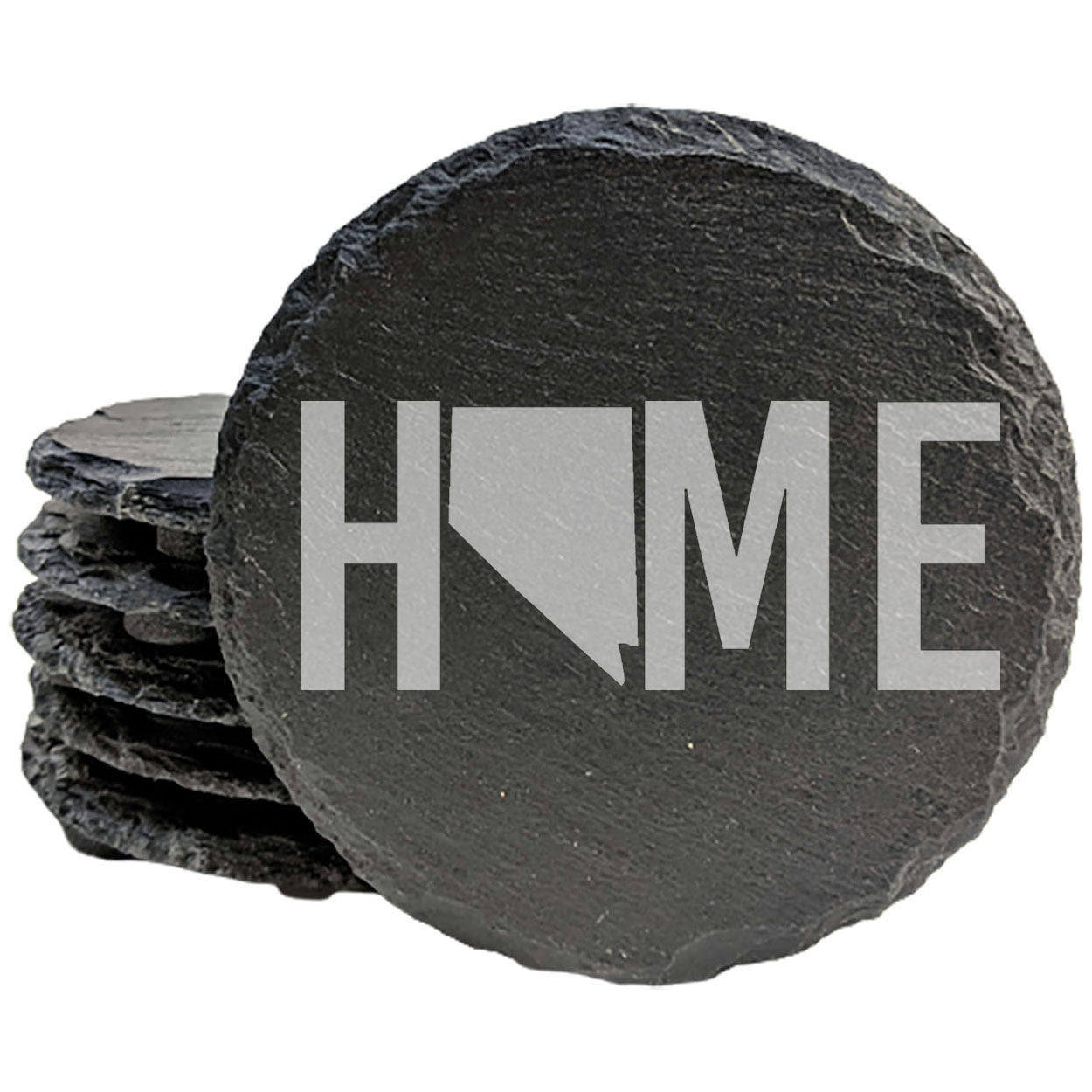Rustic Slate Coasters Set of 4 - Round 4" with 'HOME' Nevada Design - Perfect Gift for Holidays, Birthdays, Housewarming - Made in Oregon, USA - Natural Chipped Edge, Rubber Feet, Boxed
