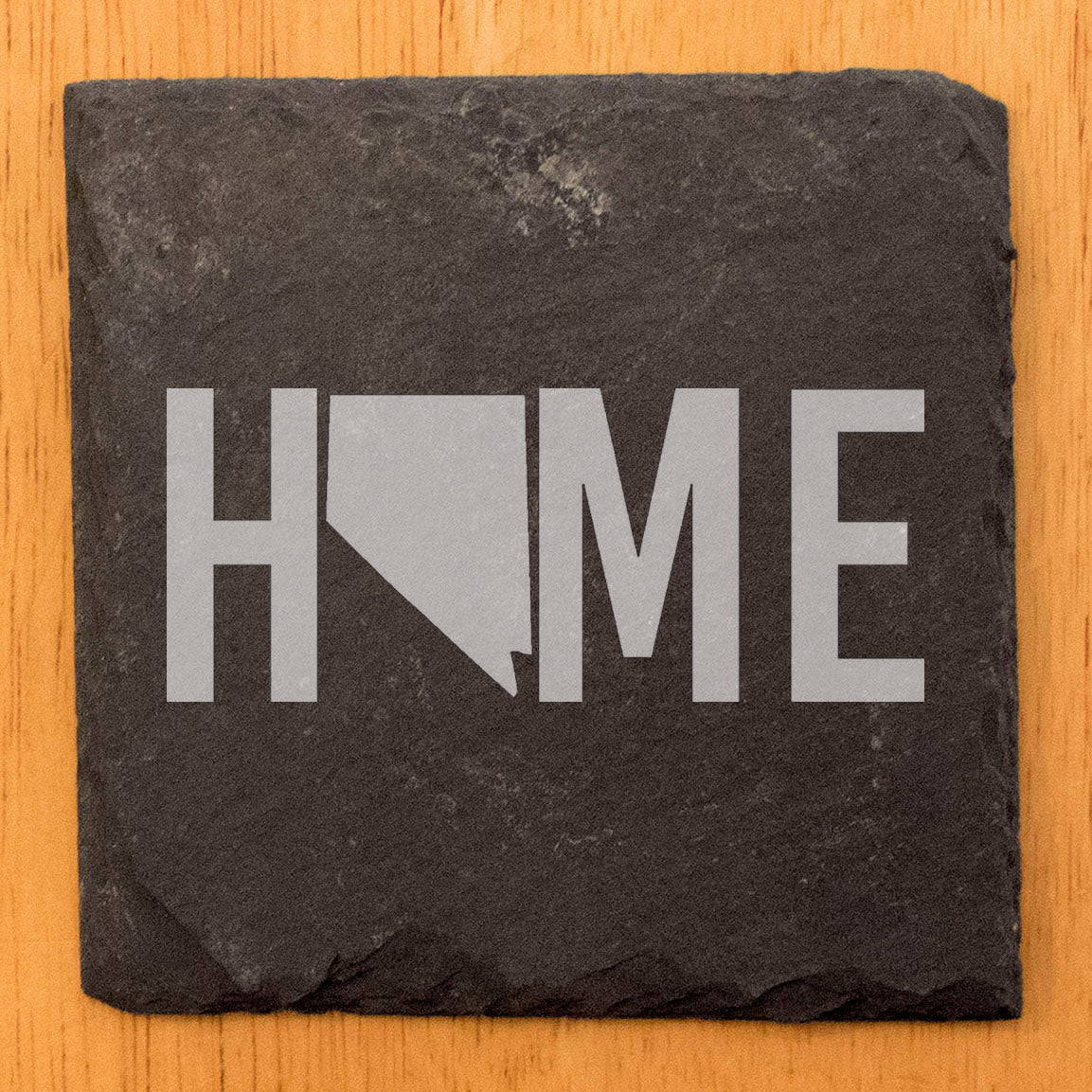 Rustic Slate Coasters Set of 4 - Round 4" with 'HOME' Nevada Design - Perfect Gift for Holidays, Birthdays, Housewarming - Made in Oregon, USA - Natural Chipped Edge, Rubber Feet, Boxed