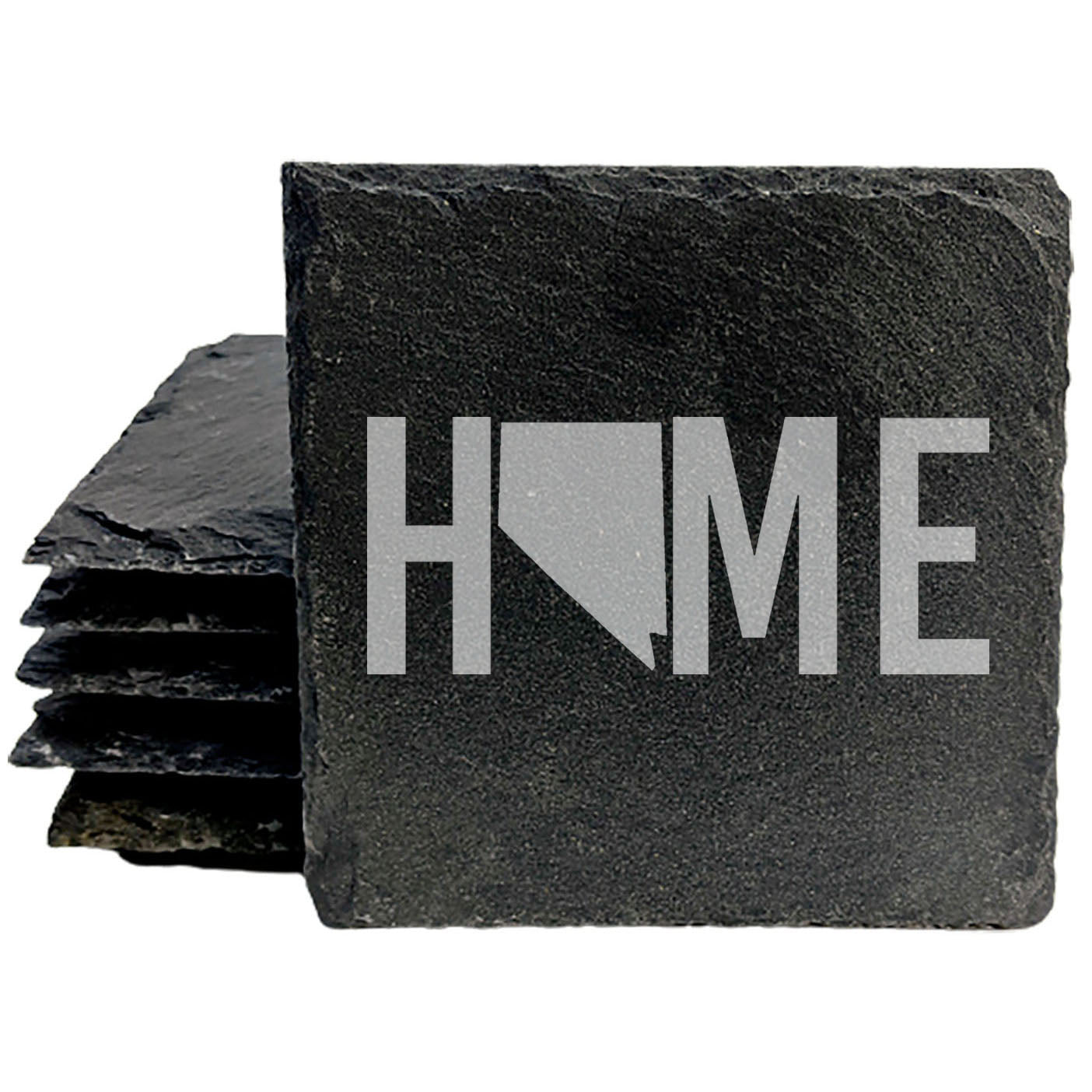 Rustic Slate Coasters Set of 4 - Round 4" with 'HOME' Nevada Design - Perfect Gift for Holidays, Birthdays, Housewarming - Made in Oregon, USA - Natural Chipped Edge, Rubber Feet, Boxed